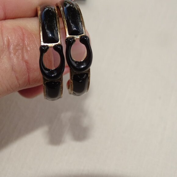 Coach Large Gold and Black Enameled Large Hoop Pierced Earrings New - Picture 5 of 7